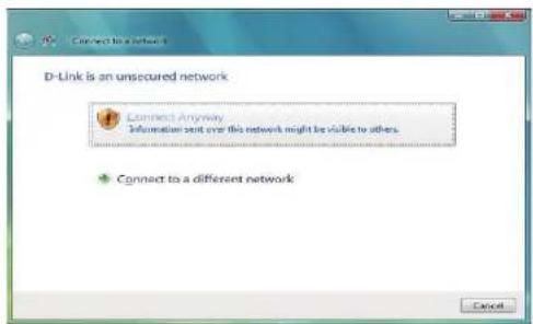 D-Link is an unsecured network Connect Anyway Information sent over this network might be visible to others. Connect to a different network Cancel