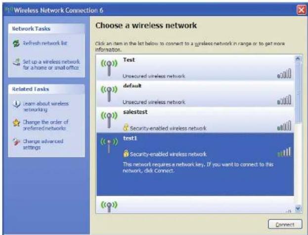 Wireless Network Connection 6 Choose a wireless network Click an item in the let below to connect to a wireless network in range or to get more information. Network Tasks Refresh network list Set up a wireless network for a home or small office Related Tasks Learn about wireless networking Change the order of preferred networks Change advanced settings Test Unsecured wireless network default Unsecured wireless network salestest Security-enabled wireless network test1 Security-enabled wireless network This network requires a network key. If you want to connect to this network, click Connect: Connect