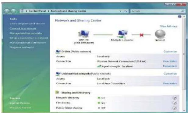 Control Panel Network and Sharing Center Tasks View computers and devices Connect to a network Manage wireless networks Set up a connection to network Manage network connections Diagnosis and repair Network and Sharing Center WIFI-PC (This computer) Multiple networks View full map Internet D-Link (Public network) Customize Access Local only Connection Wireless Network Connection 2 (D-Link) Signal strengths, Excellent View status Discover Unidentified network (Public network) Customize Access Local only Connection Local Area Connection View status Sharing and Discovery Network discovery On File sharing On Public folder sharing Off