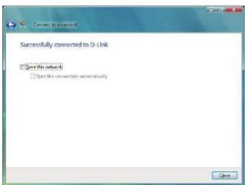 Connect to a network Successfully connected to D-Link Save this network Start this connection automatically Close