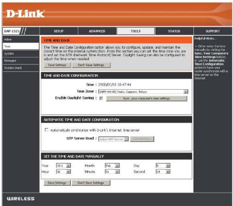 D-Link DAP-1525 // SETUP ADVANCED TOOLS STATUS SUPPORT Admir Time System Firmware System check TIME AND DATE The Time and Date Configuration option allows you to configure, update, and maintain the correct time on the internal system clock. From this section you can set the time zone you are in and set the NTP (Network Time Protocol) Server. Daylight Saving can also be configured to adjust the time when needed. Save Settings Don't Save Settings Time AND DATE CONFIGURATION Time : 2000/01/01 18:47:44 Time Zone : [GRT+H1.80] Osaka, Sapporo, Tokyo Enable Daylight Saving : Sync your computer's time settings AUTOMATIC TIME AND DATE CONFIGURATION Automatically synchronize with D-Link's Internet, time server NTP Server Used : Select NTP Server Update Now SET THE TIME AND DATE MANUALLY Year 2011 Month Feb Day 0 Hour 10 Minute 51 Second 19 Save Settings Don't Save Settings WIRELESS