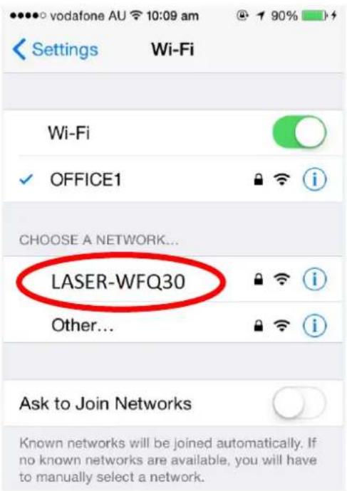 Settings Wi-Fi Wi-Fi OFFICE1 CHOOSE A NETWORK... LASER-WFQ30 Other... Ask to Join Networks Known networks will be joined automatically. If no known networks are available, you will have to manually select a network.