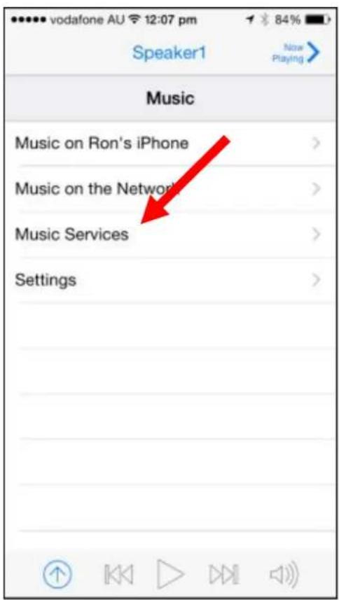 vodafone AU 12:07 pm Speaker1 Now Playing Music Music on Ron's iPhone Music on the Network Music Services Settings