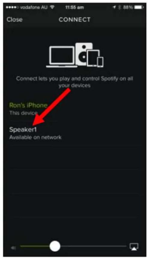 Close CONNECT Connect lets you play and control Spotify on all your devices Ron's iPhone This device Speaker1 Available on network