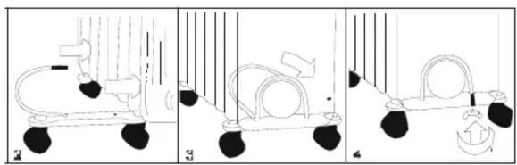 Three-panel diagram showing a vehicle with wheels and a ramp mechanism, no text or symbols present.