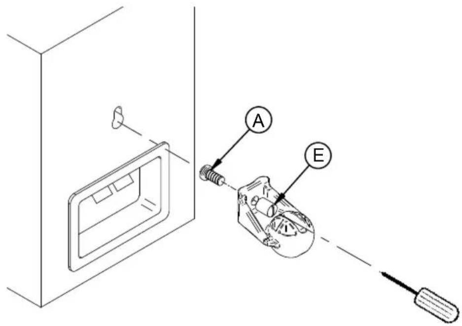 Technical diagram showing installation of a device with labeled parts A and E, including a screwdriver and tool.