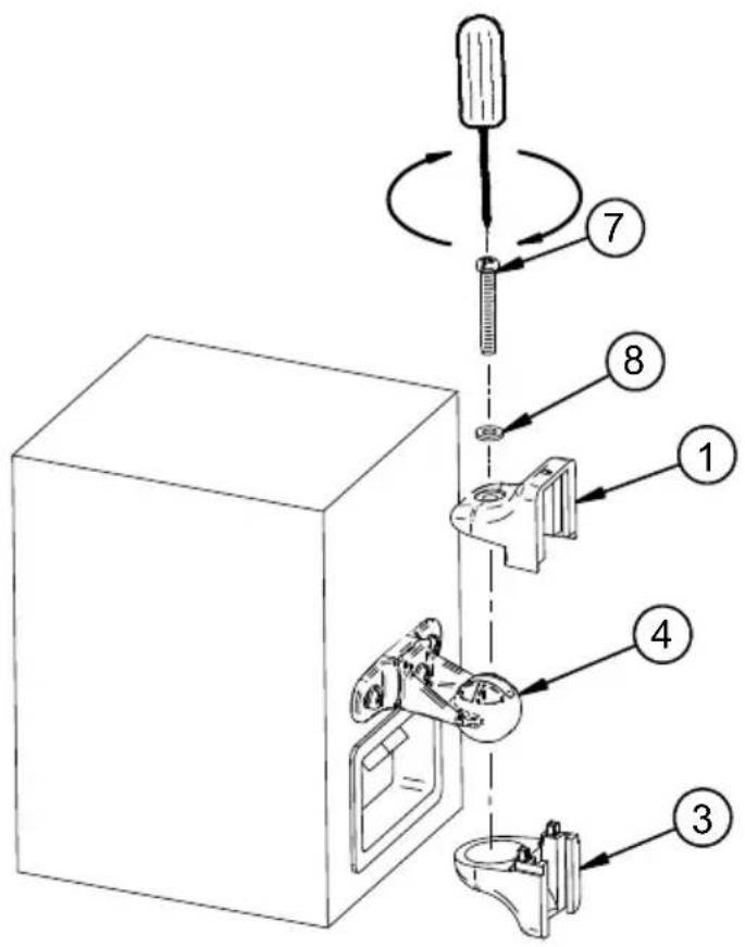 Diagram of a mechanical assembly with numbered parts, showing a tool interacting with a box and a sink.
