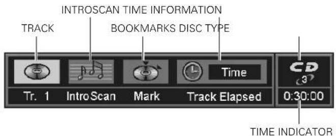 INTROSCAN TIME INFORMATION TRACK BOOKMARKS DISC TYPE Tr. 1 IntroScan Mark Track Elapsed Time CD 0:30:00 TIME INDICATOR