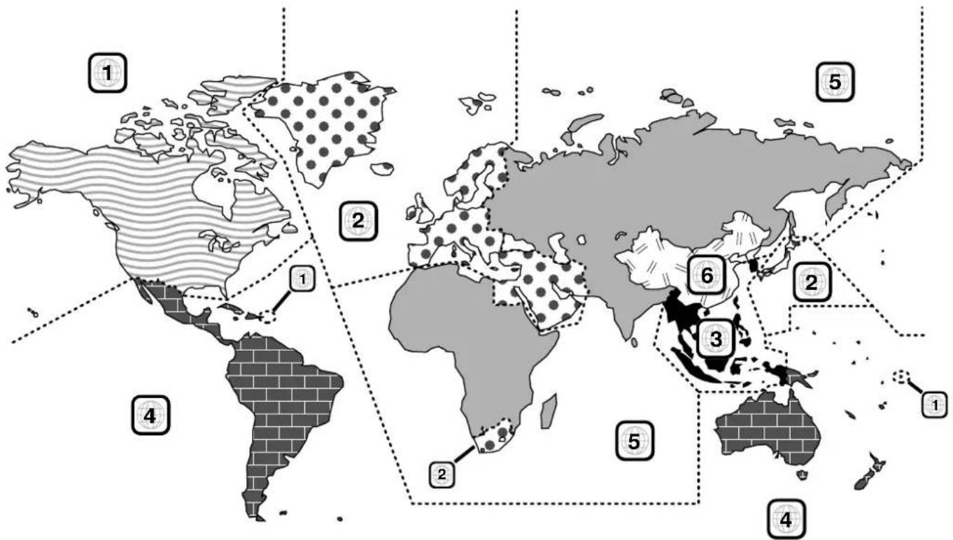 World map with numbered regions and shaded patterns, including North America, Europe, Asia, and Australia