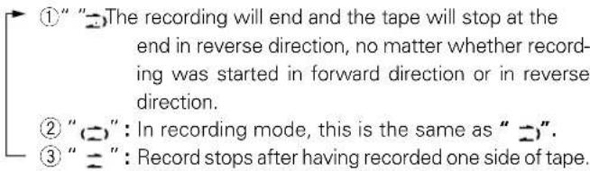 ①" "→The recording will end and the tape will stop at the end in reverse direction, no matter whether recording was started in forward direction or in reverse direction. ②" (=): In recording mode, this is the same as "→". ③" (=): Record stops after having recorded one side of tape.