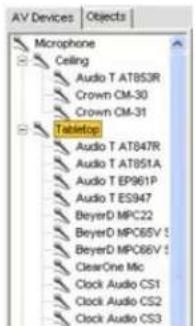 AV Devices | Objects | | --- | --- | | Microphone Ceiling Audio T AT853R Crown CM-30 Crown CM-31 Tabletop Audio T AT847R Audio T AT851A Audio T EP961P Audio T ES947 BeyerD MPC22 BeyerD MPC66V S BeyerD MPC66V S ClearOne Mic Clock Audio CS1 Clock Audio CS2 Clock Audio CS3