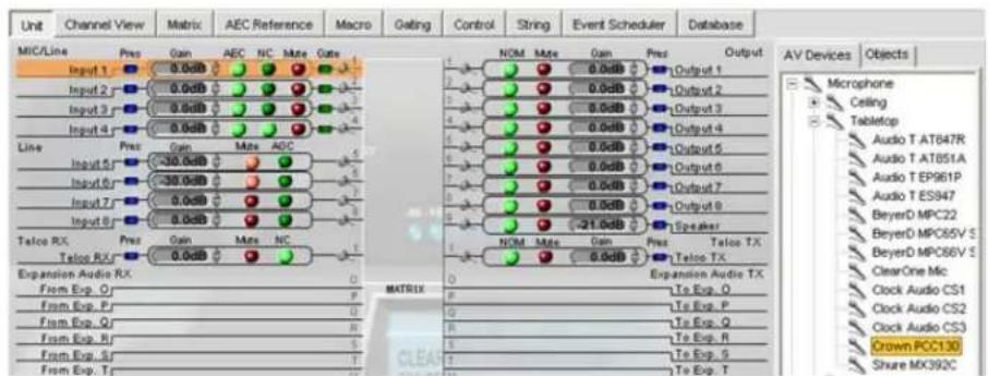 Unit Channel View Matrix AEC Reference Macro Gating Control String Event Scheduler Database MIC/Line Pres Gain AEC NC Mate Gate Input 1 0.0dB Input 2 0.0dB Input 3 0.0dB Input 4 0.0dB Line Pres Gain Mate AOC Input 5 -30.0dB Input 6 -30.0dB Input 7 0.0dB Input 8 0.0dB Telco RX Pres Gain Mate NC Telco RX 0.0dB Expansion Audio RX From Exp. Q From Exp. P From Exp. Qr From Exp. Rr From Exp. Sr From Exp. Tc Output 1 Output 2 Output 3 Output 4 Output 5 Output 6 Output 7 Output 8 Speaker Telco TX NOM Mate Gain Pres Output 0.0dB Output 1 0.0dB Output 2 0.0dB Output 3 0.0dB Output 4 0.0dB Output 5 0.0dB Output 6 0.0dB Output 7 0.0dB Output 8 -21.0dB NOM Mate Gain Pres Telco TX Expansion Audio TX To Exp. Q To Exp. P To Exp. Q To Exp. R To Exp. S To Exp. T AV Devices Objects Microphone Ceiling Tabletop Audio T AT847R Audio T AT851A Audio T EP961P Audio T ES947 BeyerD MPC22 BeyerD MPC65V S BeyerD MPC66V S ClearOne Mic Clock Audio CS1 Clock Audio CS2 Clock Audio CS3 Crown FCC130 Share MC392C