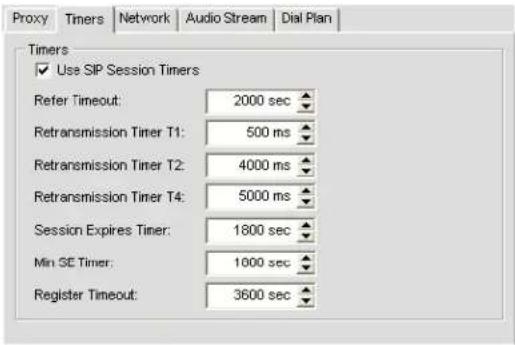 Proxy Timers Network Audio Stream Dial Plan Timers ✓ Use SIP Session Timers Refer Timeout: 2000 sec Retransmission Timer T1: 500 ms Retransmission Timer T2: 4000 ms Retransmission Timer T4: 5000 ms Session Expires Timer: 1800 sec Min SE Timer: 1000 sec Register Timeout: 3600 sec