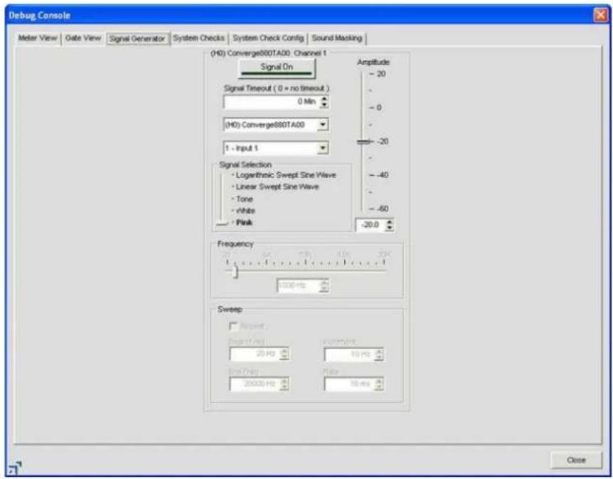 Debug Console Meter View | Gate View | Signal Generator | System Checks | System Check Config | Sound Masking | (H0) Converge880TA00 Channel 1 Signal On Signal Timeout ( 0 + no timeout ) 0 Min (H0) Converge880TA00 1 - Input 1 Signal Selection - Logarithmic Swept Sine Wave - Linear Swept Sine Wave - Tone - white - Pink Amplitude - 20 - 0 - 20 - 40 - 60 - 20.0 Frequency 1000 Hz Sweep Ampient Signal of red 20 Hz Current First Red 20000 Hz Rate 50 ms Close