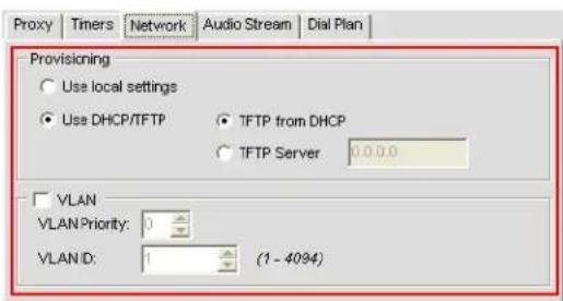 Proxy Timers Network Audio Stream Dial Plan Provisioning Use local settings Use DHCP/TFTP TFTP from DHCP TFTP Server 0.0.0.0 VLAN VLAN Priority: 0 VLAN D: 1 (1 - 4094)