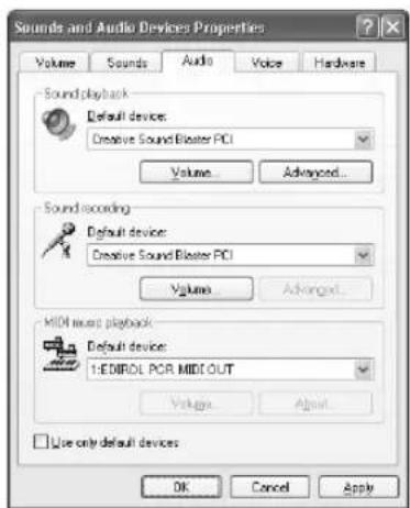 Sounds and Audio Devices Properties Volume Sounds Audio Voice Hardware Sound playback Default device: Creative Sound Blaster PCI Volume... Advanced... Sound scoring Default device: Creative Sound Blaster PCI Volume... Advanced... MIDI menu playback Default device: 1:ENIRDL POR MIDI OUT Voltage... Adjust... Use only default devices OK Cancel Apply
