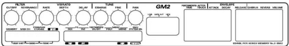 FILTER CUTOFF RESONANCE RATE VIBRATO TUNE PAN MEMORY MEDI CH PROGRAM DEPTH DELAY COARSE FINE PAN PROGRAM CHANGE DEC INC PORTAMENTO ON/OFF POLY MODE MONO GMA SYSTEM ON HMAP SHIP MAX MAX GM2 PORTAMENTO AFTER ENVELOPE TIME TOUCH ATTACK DECAY RELEASE CHORUS REVERS VOLUME EDROL PCR SERIES MEMORY N=0:GM2