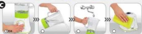 Step-by-step photo showing a hand washing a water container with green liquid, followed by a hand holding a yellow cloth.