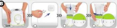 Step-by-step illustration showing a hand holding a device with a power plug, followed by a close-up of the device's green and white cap.