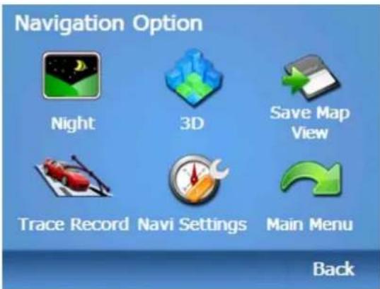 Navigation Option Night 3D Save Map View Trace Record Navi Settings Main Menu Back