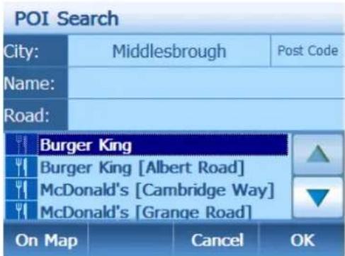 POI Search City: Middlesbrough Post Code Name: Road: Burger King Burger King [Albert Road] McDonald's [Cambridge Way] McDonald's [Grange Road] On Map Cancel OK