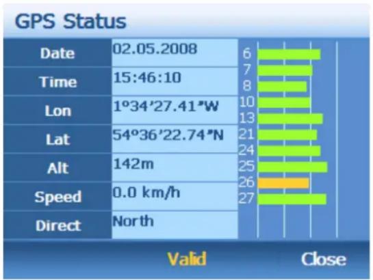 GPS Status | Category | Value | |---|---| | Date | 02.05.2008 | | Time | 15:46:10 | | Lon | 1°34'27.41"W | | Lat | 54°36'22.74"N | | Alt | 142m | | Speed | 0.0 km/h | | Direct | North | | Value | Color | | :--- | :--- | | 6 | Green | | 7 | Light Green | | 8 | Light Blue | | 10 | Dark Green | | 13 |…