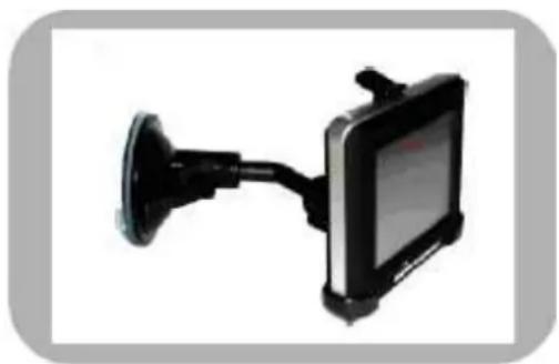 Black-and-white photo of a mounted tablet device with a flanged neck and attached cable (no text or symbols visible)