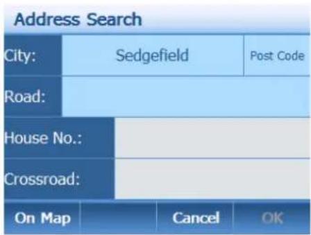 Address Search City: Sedgefield Post Code Road: House No.: Crossroad: On Map Cancel OK