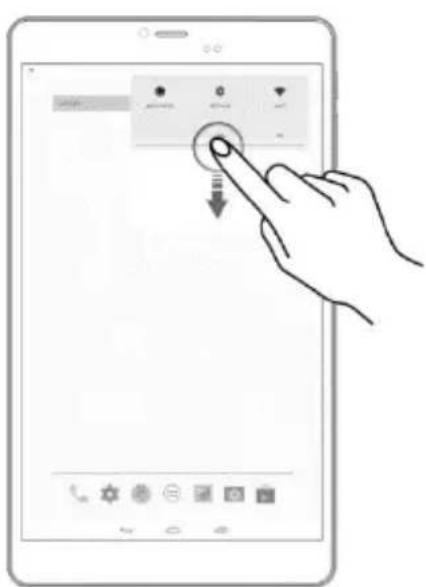 Illustration of a hand interacting with a tablet screen displaying a control interface with icons and a downward arrow.