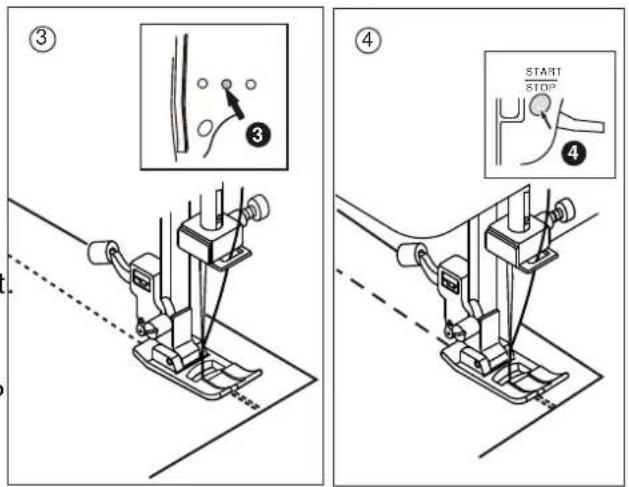 Technical diagram illustrating sewing machine stitching steps with labeled instructions and diagrams