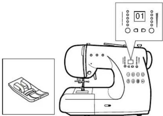 Technical diagram of a sewing machine with control panel and display screen, alongside an inset image of a sewing machine component.