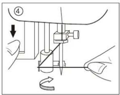 Technical diagram showing a sewing machine needle and handle mechanism with labeled parts and directional arrows