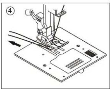 Technical line drawing of a sewing machine needle stitching on a base plate (no text or symbols)