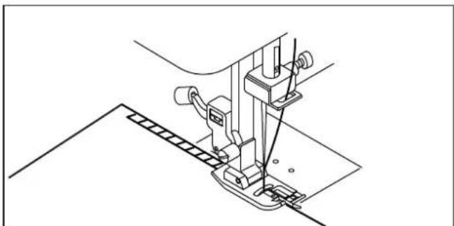 Technical line drawing of a sewing machine needle stitching fabric (no text or symbols)