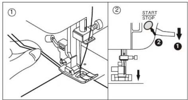 Technical diagram showing sewing process steps with labeled instructions and diagrams