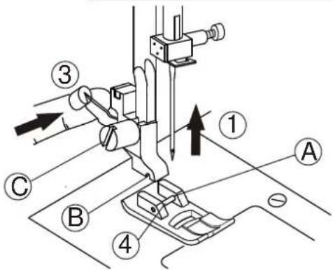 Technical diagram of a sewing machine with labeled parts and directional arrows indicating movement or assembly.