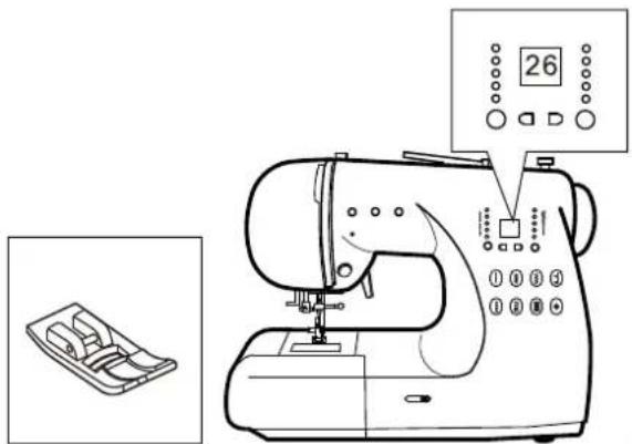 Diagram of a sewing machine with control panel and display screen, accompanied by a small inset image showing a sewing machine.