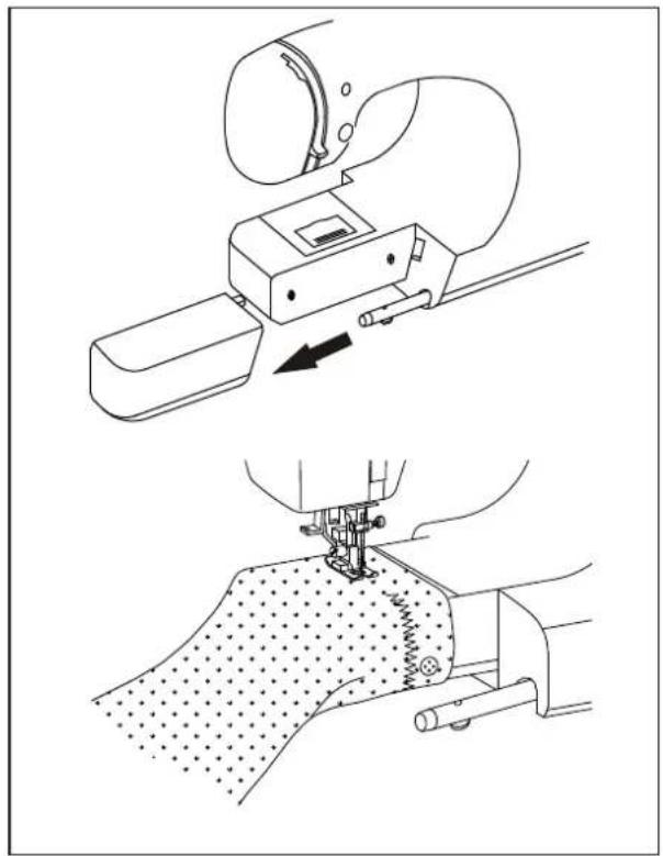 Technical line drawings of a sewing machine and fabric being sewn, showing mechanical components and fabric texture (no text or symbols)