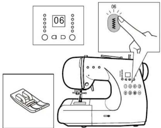 Diagram of a sewing machine with control panel, hand gesture, and inset photos showing fabric tray and buttons