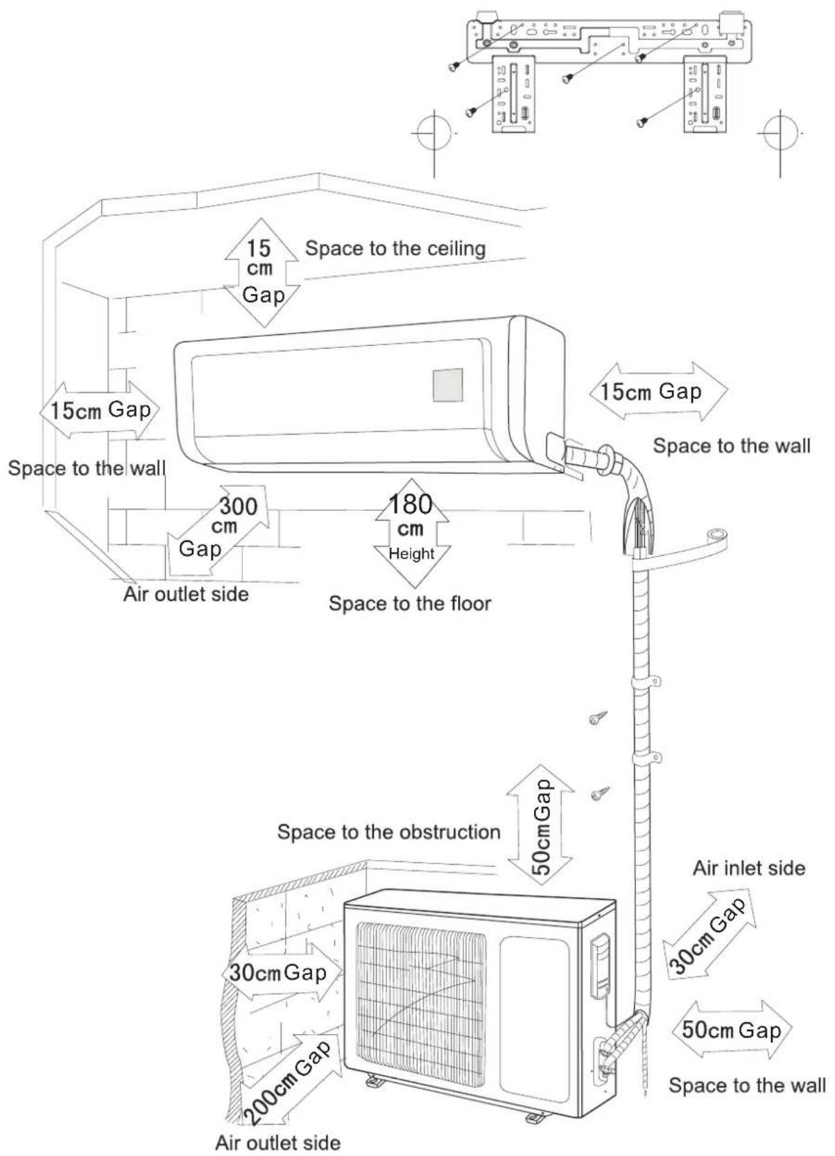 15cm Gap Space to the ceiling 15cm Gap Space to the wall 300 cm Gap Air outlet side 180 cm Height Space to the floor 15cm Gap Space to the wall 50cm Gap Space to the obstruction 30cm Gap 200cm Gap Air outlet side Air inlet side 30cm Gap 50cm Gap Space to the wall
