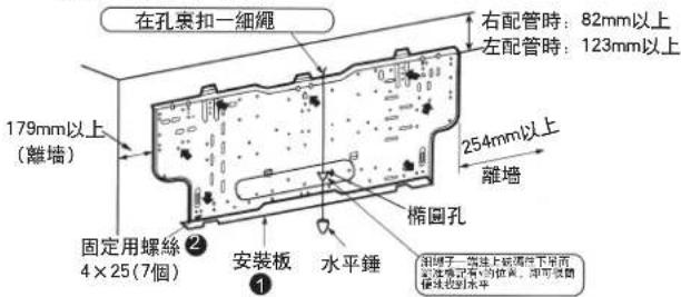 在孔裹扣一細繩 右配管時:82mm以上 左配管時:123mm以上 179mm以上 (離墙) 254mm以上 離墙 固定用螺絲② 4×25(7個) 安裝板 水平錘 椭圓孔 ① 摺鋼子一縫上破損向下單面 固定螺栓有6個位置,即可強制 硬銹段到水平