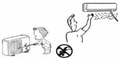 Illustration showing a child using an air conditioner and a person using a spray gun, with a no-smoking symbol nearby.