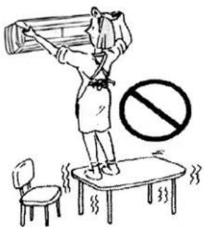 Cartoon illustration showing a person lifting a large load with a 'no' symbol, next to a chair and table.