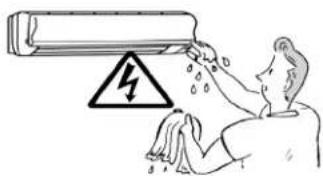 Safety warning illustration showing a person using a power strip to prevent a lightning bolt, with hazard symbol and warning label.