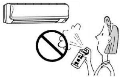 Illustration showing a person using a spray can to smoke a large air conditioner, with a no-smoking symbol nearby.