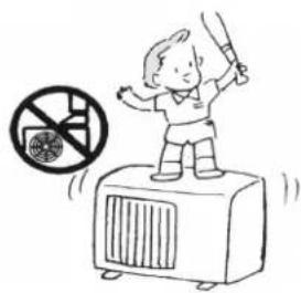Illustration showing a child standing on a fire extinguisher with a no-smoking symbol nearby