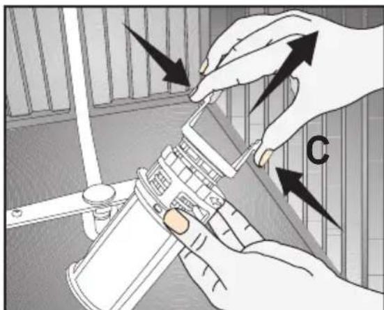 Diagram showing hand positioning a device with arrows indicating movement, labeled 'C' in the corner.