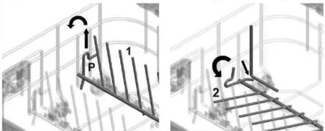 Technical diagram showing two mechanical assembly steps with labeled components and directional arrows indicating motion or movement.