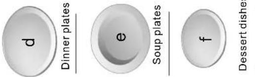 d Dinner plates e Soup plates f Dessert dishe