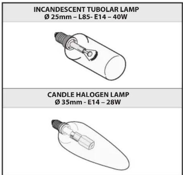 INCANDESCENT TUBOLAR LAMP Ø 25mm - L85- E14 - 40W CANDLE HALOGEN LAMP Ø 35mm - E14 - 28W
